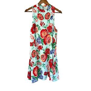 Everly Shift Sleeveless Mini Dress Size M Aqua Blue Red Floral High Neck A-Line
